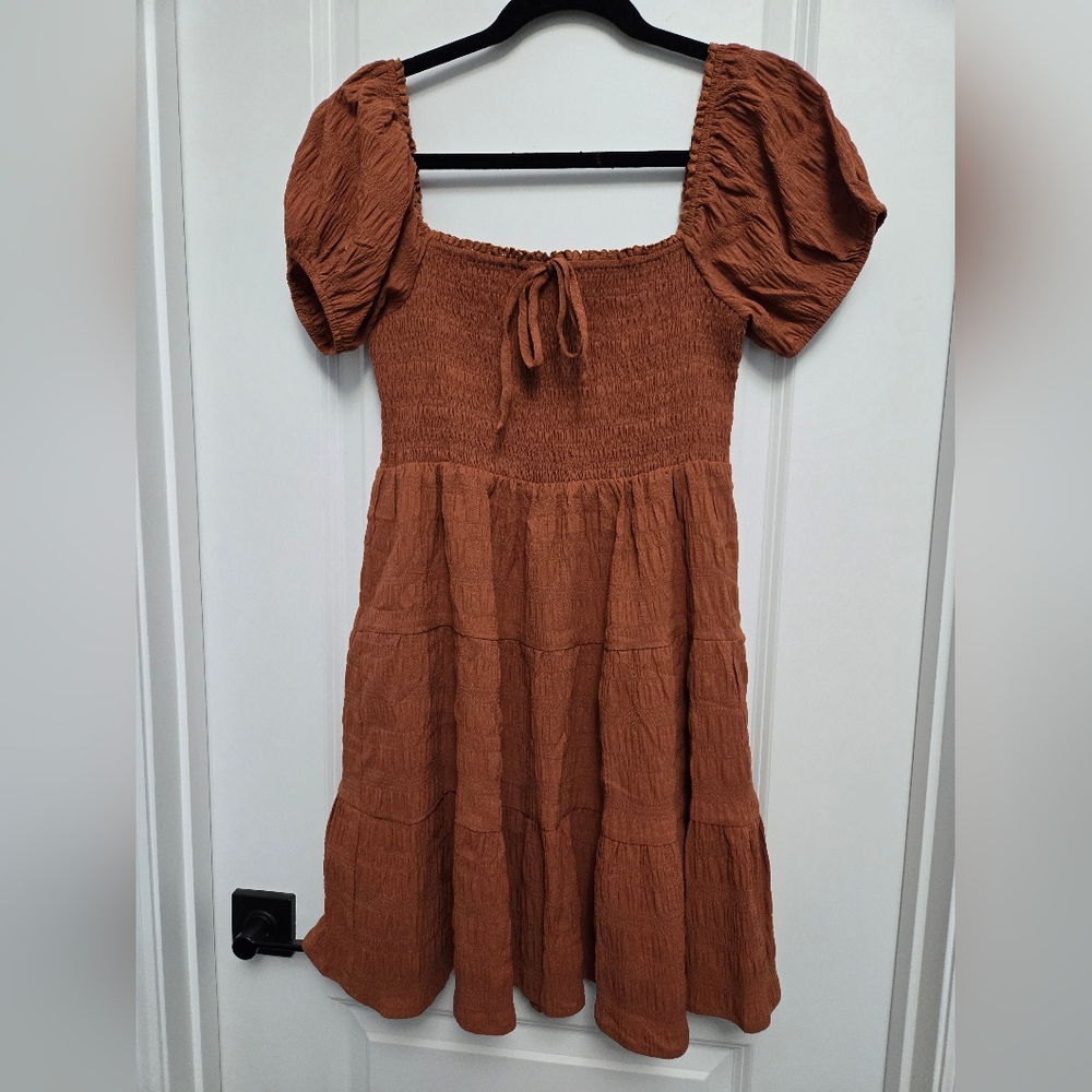 Fun and Flowy Brown Smocked Dress with puffed sleeves